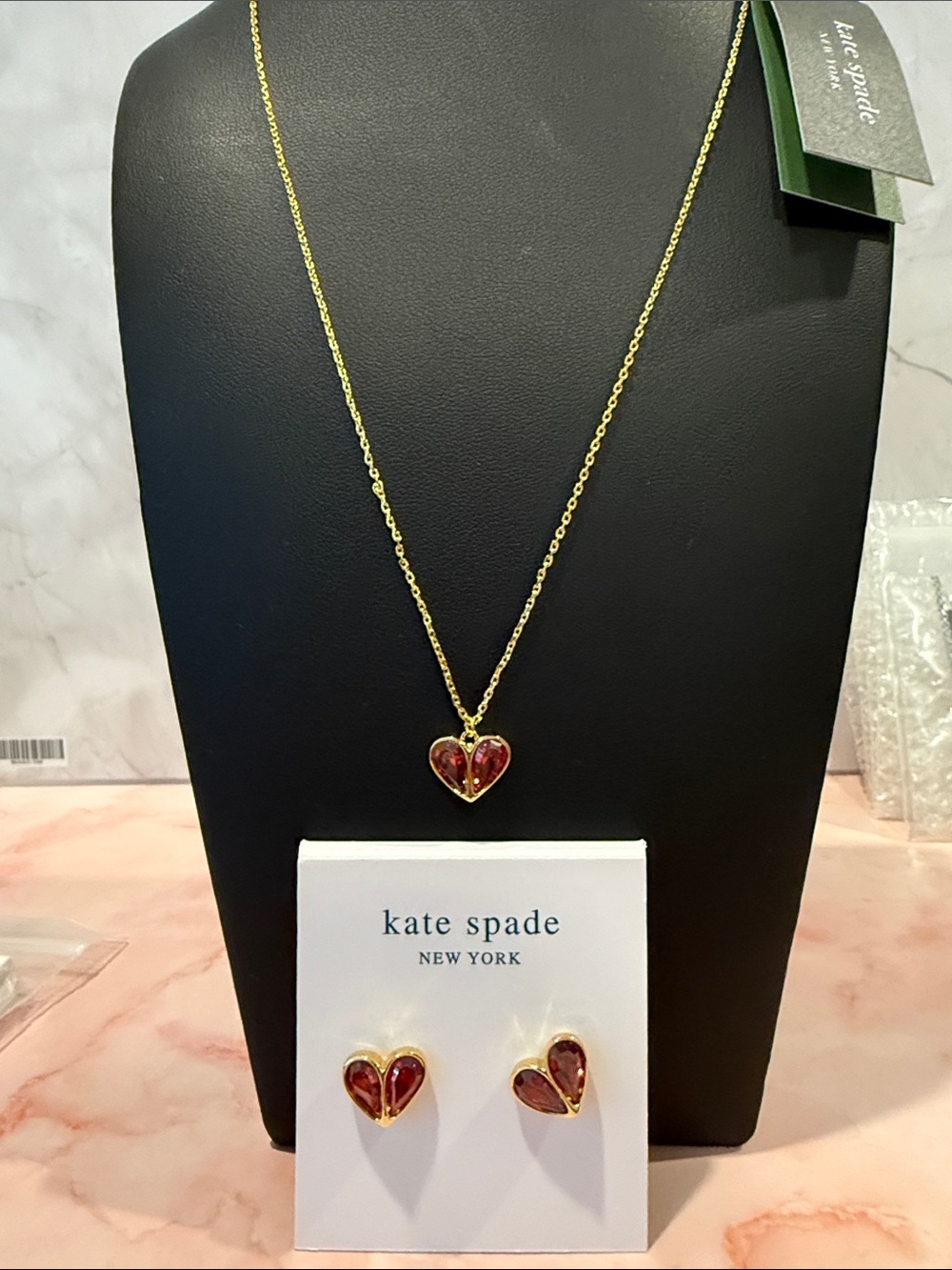 kate spade |♠️| Gold Plated Red Heart Necklace & Studs Earrings Set